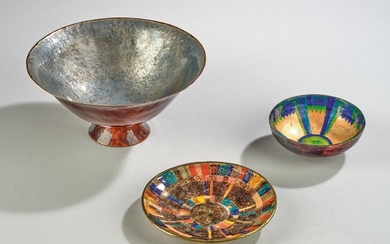 Three enamel objects: a plate, a small bowl and a large bowl, in the style of Mitzi Friedmann-Otten, Vienna, c. 1920-25