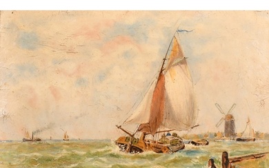Dutch School, Circa 1900, A leeboard barge with windmills be...