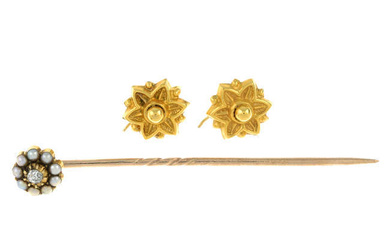 Early 20th century stickpin & earrings