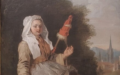 Ecole FRANCAISE DU XVIIIe siècle "La fileuse" Huile sur toile. (réentoilée) 40 x 32 cm...