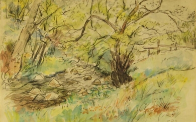 Elinor Bellingham-Smith, British 1906-1988- Scrub landscape; charcoal and watercolour on paper, signed with initials lower right, 22.5 x 33 cm: together with five further unframed watercolours and a sketchbook of watercolours by the same hand, the...