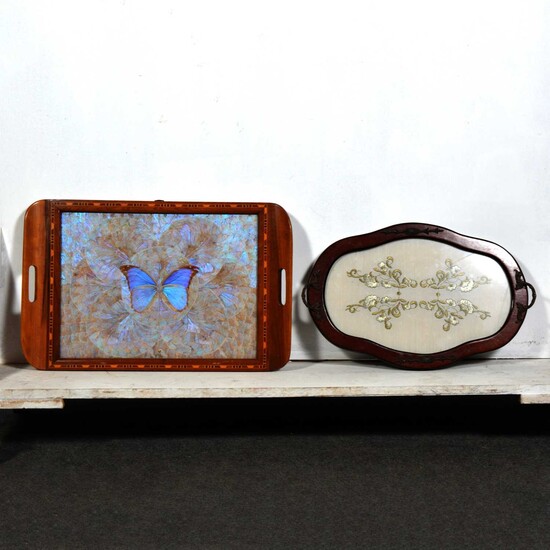 Embroidered silk and fabric panel, butterfly wing tray and tray with embroidered base.