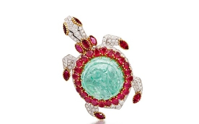 Emerald, Ruby and Diamond Brooch | 27.35克拉 「哥倫比亞」祖母綠 配 紅寶石 及 鑽石 胸針