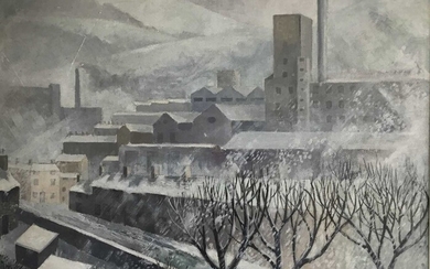 English School (mid 20th century) oil on board, indistinctly signed, Industrial landscape