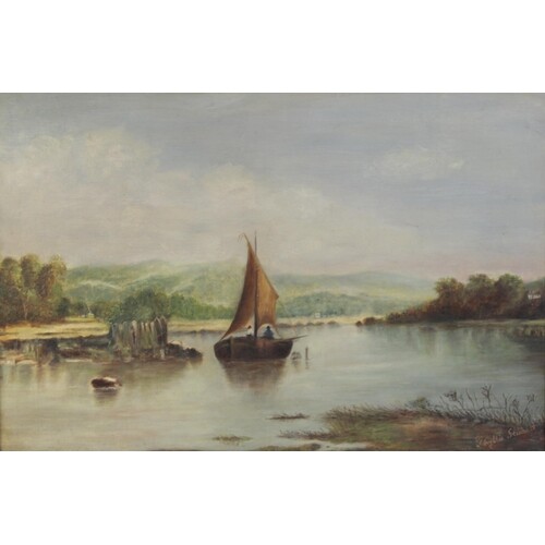 English school (19th century), Estuary scene with fishing b...
