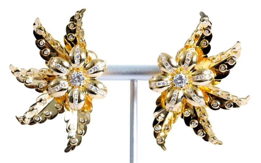 Estate Pair 18k YG 4.06CTW Diamond Flower Earring