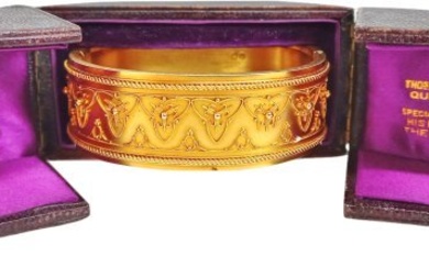 Exquisite Etruscan Revival 15K Yellow Gold Heavy Wide Bangle Bracelet In Original Box
