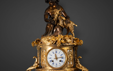 Exquisite Large French Table Clock in Mercury-Gilded Bronze and Alabaster...