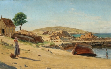 F. C. Lund: Scenery from Bornholm with children by the coast. Signed and dated F. Lund, Sandvig 1857. Oil on canvas. 37×67 cm.