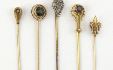 FIVE ANTIQUE 14KT GOLD STICK PINS Approx. 4.52 total