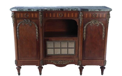 FRENCH BRONZE MOUNTED MARBLE TOP SERVER WITH CENTRAL MIRRORED DOOR...