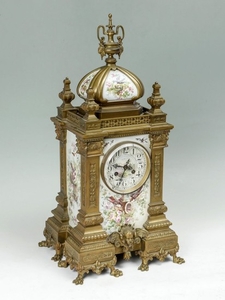 FRENCH CHEVALIER CLOCK WITH PORCELAIN PANELS INSERTS