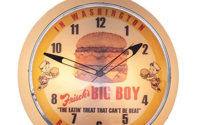 FRISCH'S BIG BOY LIGHTED CLOCK W/ DOUBLE CHEESEBURGER GRAPHIC