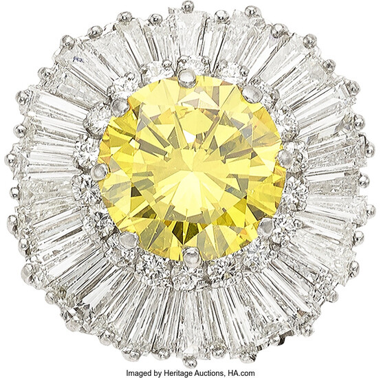 Fancy Deep Yellow Diamond, Diamond, Platinum Ring-Dant Stones: Round...