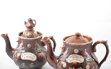 Five Measham Bargeware teapots and a milk jug.