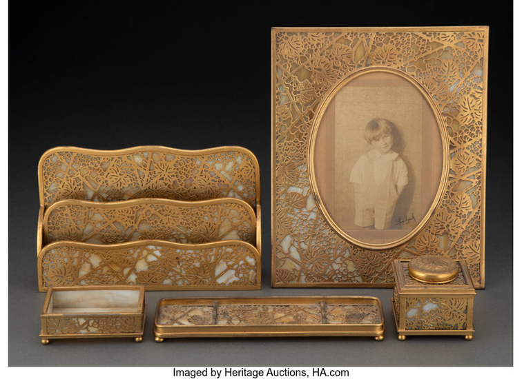 Five-Piece Tiffany Studios Gilt Bronze Grapevine Desk Set (circa 1910)