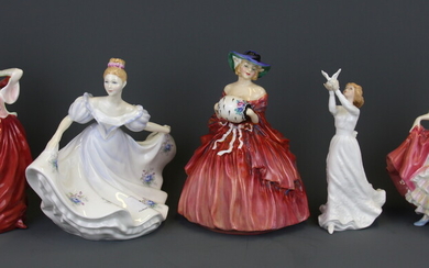 Five Royal Doulton lady figurines, tallest H. 20cm.