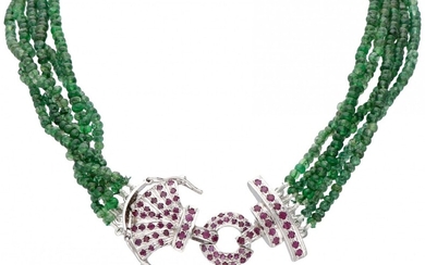 Five-row necklace with green stones and a silver colored closure set with rubies.