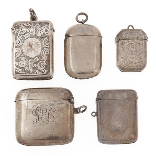 Five silver vesta cases, Victorian-George V, 36-50mm, 3ozs 1...