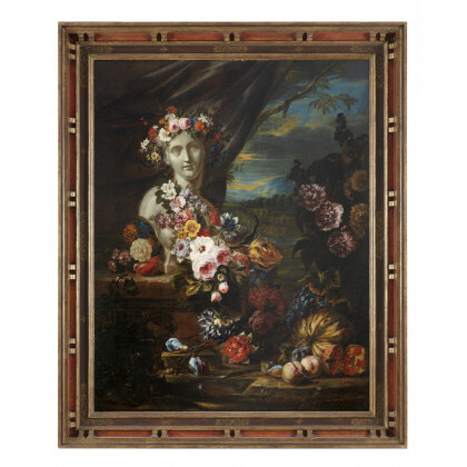 Follower of Abraham Brueghel, early 18th century Still life with half-length female sculpture, flowers and fruit Oil on canvas, 118.5x93...