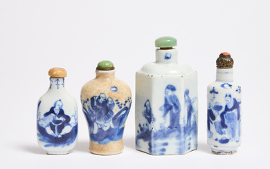 Four Blue and White Porcelain 'Figural' Snuff Bottles, 19th Century