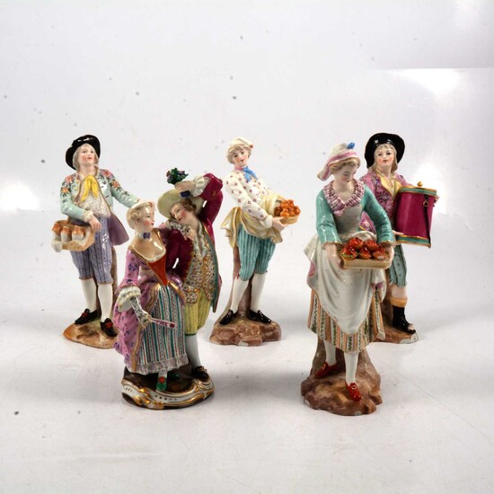 Four Meissen style figures, and a Derby group