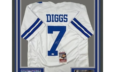 Framed Autographed/Signed Trevon Diggs 33x42 Dallas White Jersey JSA COA