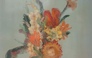 François PHILIPPE (1920-) : Vase de fleurs sur fond vert d'eau Huile sur toile signée...