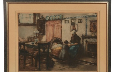 Frantz Charlet Impressionist Color Etching Of Dutch Interior Scene, Late 19th C.