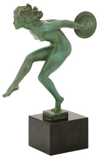 French Art Deco Nude Disc Dancer Statue by Garcia