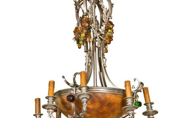 French Art Nouveau Style Eight-Light Chandelier Silver Argente Over Bronze