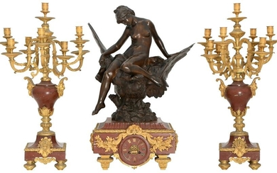French Bronze & Rouge Marble Clock Garniture