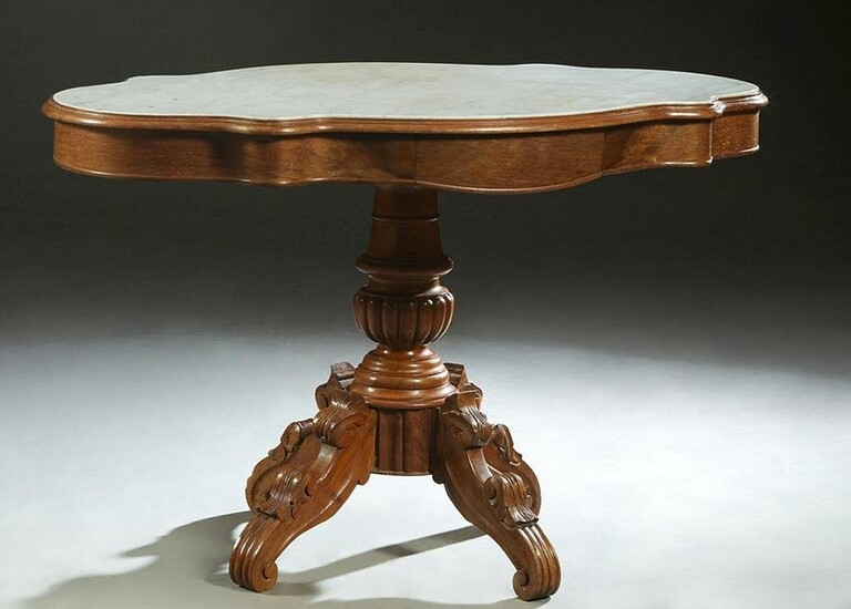 French Carved Walnut Marble Top Center Table, c. 1870