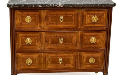 French Directoire Mahogany Marble Top Three Drawer Chest, 19th.C. H 34”, W 37”. D