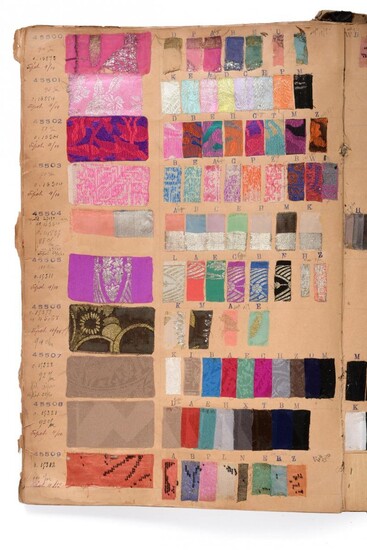 French Fabric Sample Book, circa 1899/1900 Enclosing woven and flocked...