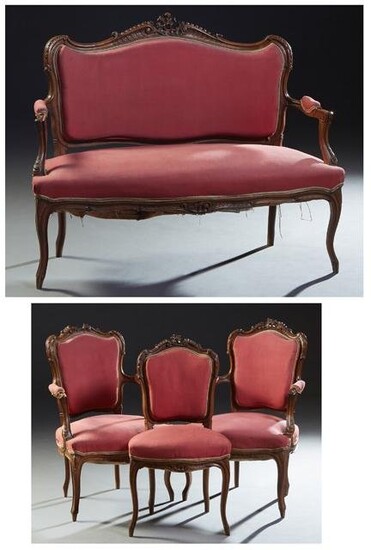 French Louis XV Style Carved Walnut Four Piece Parlor