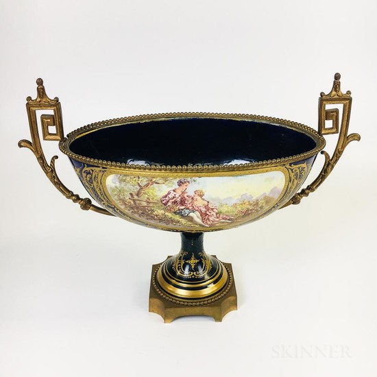 French Ormolu-mounted Hand-painted Ceramic Urn, (restoration), ht. 16 1/2, wd. 22 in.