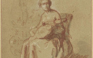 French School, late-18th century- Study of a seated woman, holding a guitar; red and white chalk and grey wash on paper, 24.5 x 20 cm.