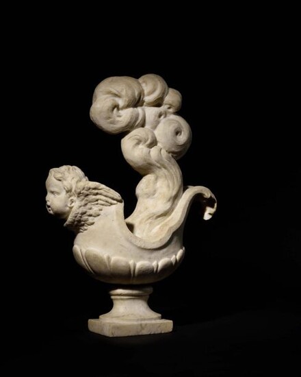 French school of the XVIIth century, basin decorated with putto head and volutes of smoke Sculpture in white marble H. 48 cm