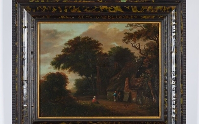 GERRITSZ DECKER Cornelis ? "Personnages dans un paysage" Huile sur panneau 37 x 48,5 cm...