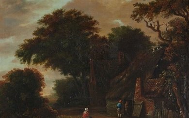 GERRITSZ DECKER Cornelis ? "Personnages dans un paysage" Huile sur panneau 37 x 48,5 cm...