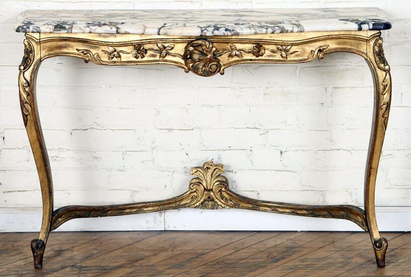 GILT WOOD CARVED FRENCH MARBLE TOP CONSOLE C.1930
