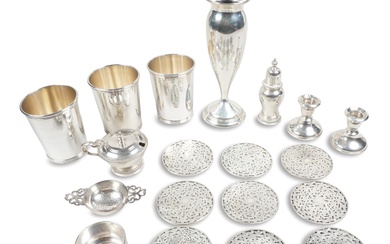 GROUP OF SILVER TABLEWARES INCLUDING A VASE AND THREE ALVIN JULEP CUPS