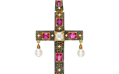 Gem set, pearl and enamel Holbeinesque pendant, 1870s