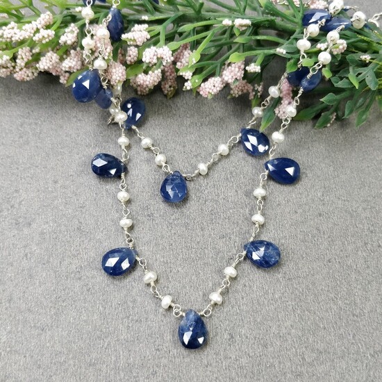 Blue Sapphire Gemstone BEADS CHAIN NECKLACE : 925 Sterling Silver Natural Untreated Sapphire Pear Rose Cut Beads 48" Necklace