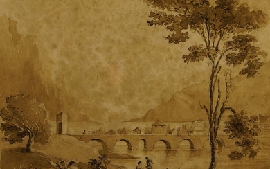 George Cuitt Jnr., British 1779-1854- Landscape with figures by a stream, near Chester; pencil, ink, and wash on paper, 9.7 x 15.4 cm: British School, early 19th century- Bridge at Lecco; pencil, ink, and wash on paper, titled lower right, 11.4 x...