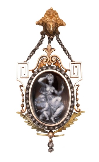 Georgian 1820 Allegory Of Beauty Grisaille Enamel Necklace In 18Kt Gold With Diamonds