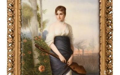 German Hand-Painted Porcelain Plaque of a Woman, "Flute Player"