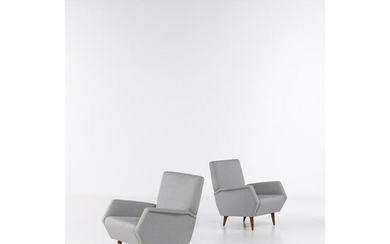 Gio Ponti (1891-1979) Model 803 Pair of armchairs Walnut and fabric Edited by Cassina Model created