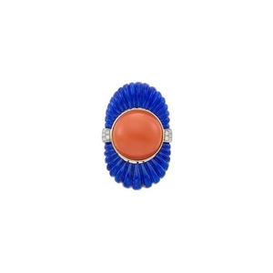 Gold, Fluted Lapis, Coral and Diamond Ring